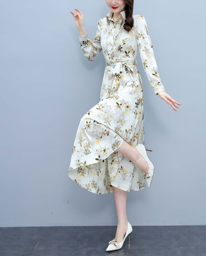 Collared Neckline Long Sleeves Tie Belted Floral Print Midi Dress