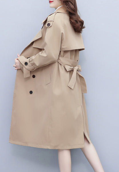 Apricot 3/4 Length Double-Breasted Outerwear Trench Coat with Belt