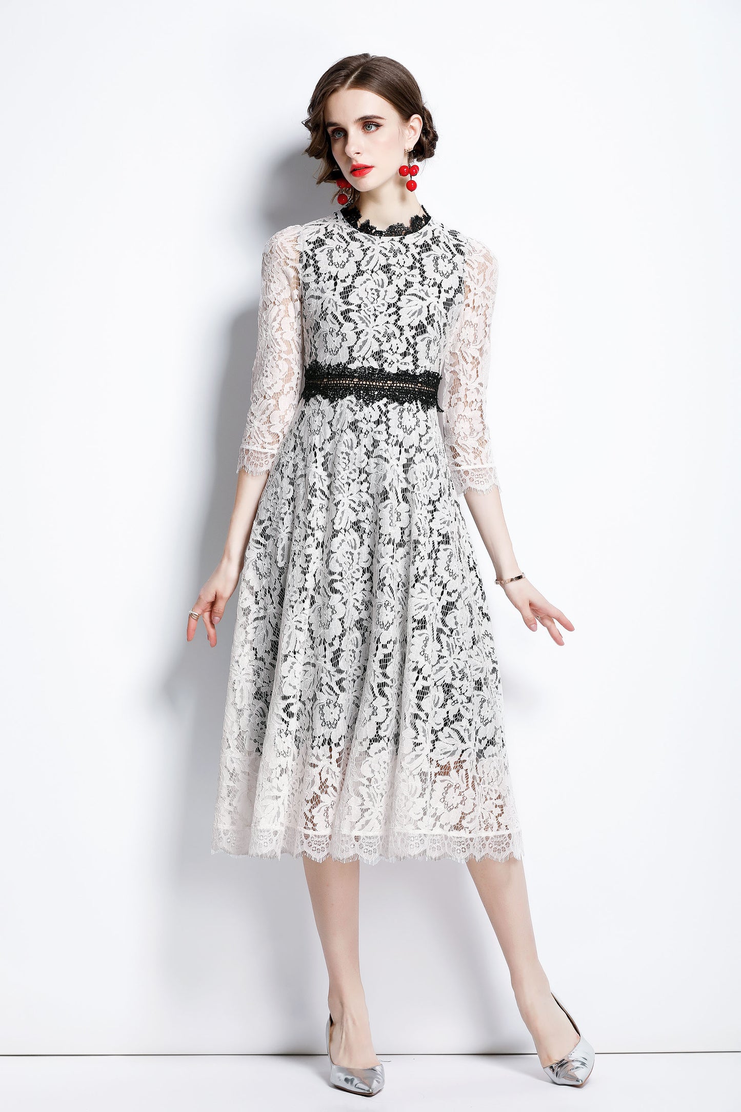 White Long Sleeve Lace TrimMidi Lace Dress