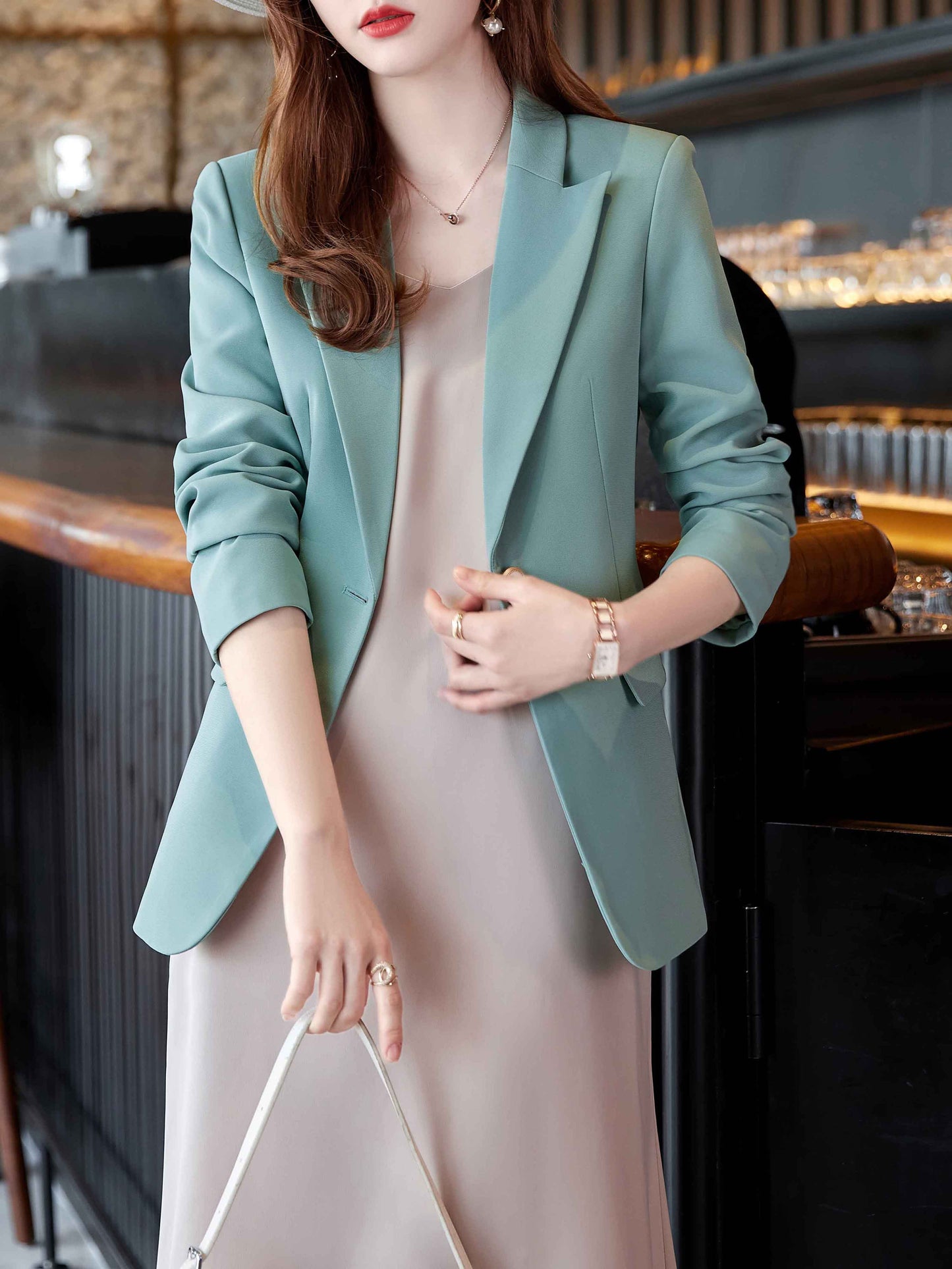 Blue Button Long Sleeves Solid Blazer