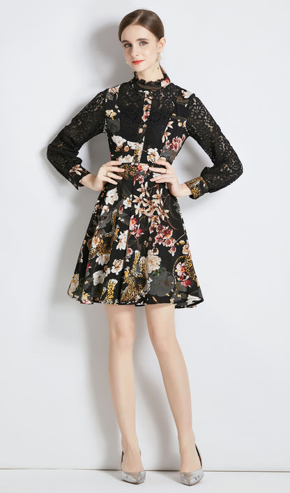 Round Neck Long Sleeves Button Up Floral Print  Mini Dress