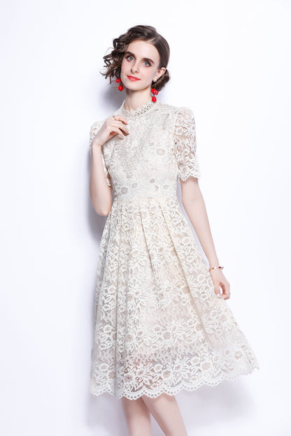 White Tunic Floral Lace Short sleeves Crew Neck Midi Dress