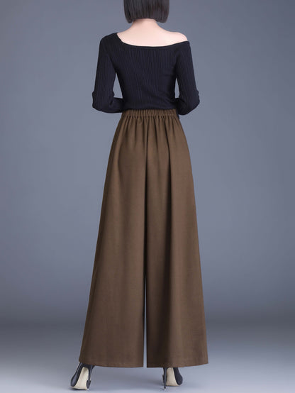 Brown High Waist Solid Wide Leg Trousres with Pocket