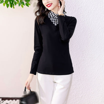 Black Patchwork Gingham Collared Neck Solid Long Sleeve Button up Blouse