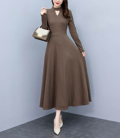 Brown Cut-out detail A-line Maxi Solid Dress