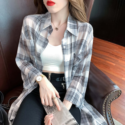 Collared neck Button Down Shirt Gingham Long Sleeve Loose Blouse