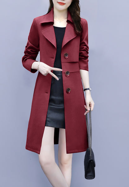Red 3/4 Length Button up Outerwear Trench Coat with Belt