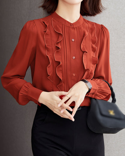 Red Collared Ruffle Long Sleeve Solid Blouse