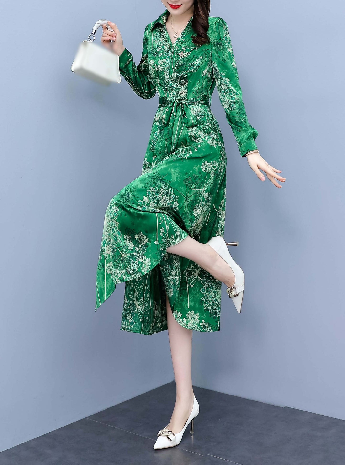 Green Collared Neckline Long Sleeves Tie Belted Floral Print Midi Dress
