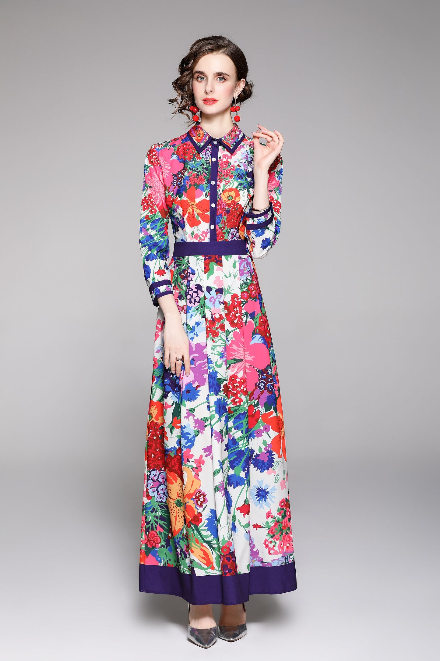 Floral Print Collared neckline Maxi Dress