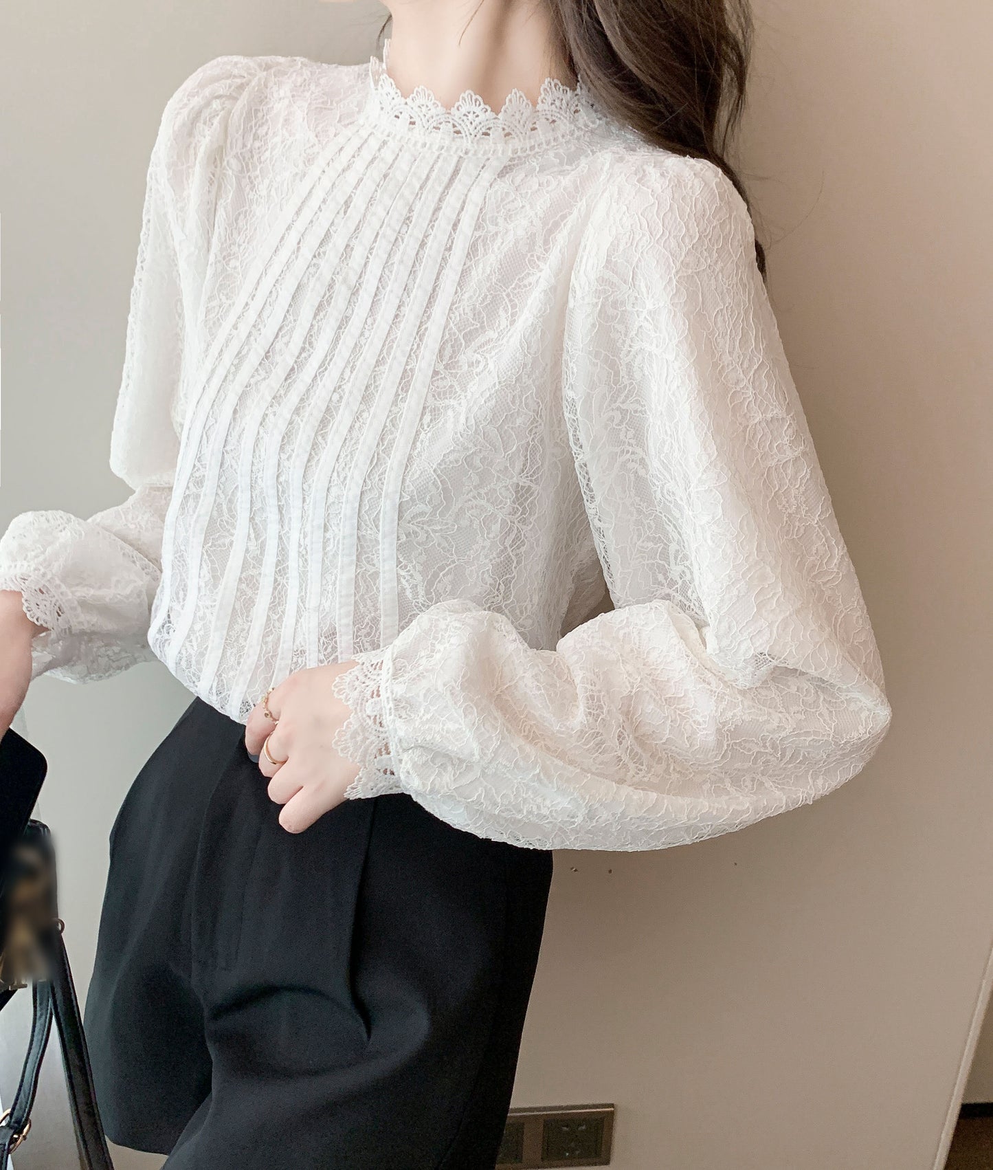 White Solid Lace Long Sleeve Button-back Frill Trim Blouse