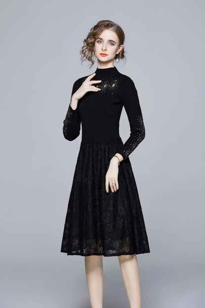 High Neck Long Sleeves Knit Lace Solid Midi Dress