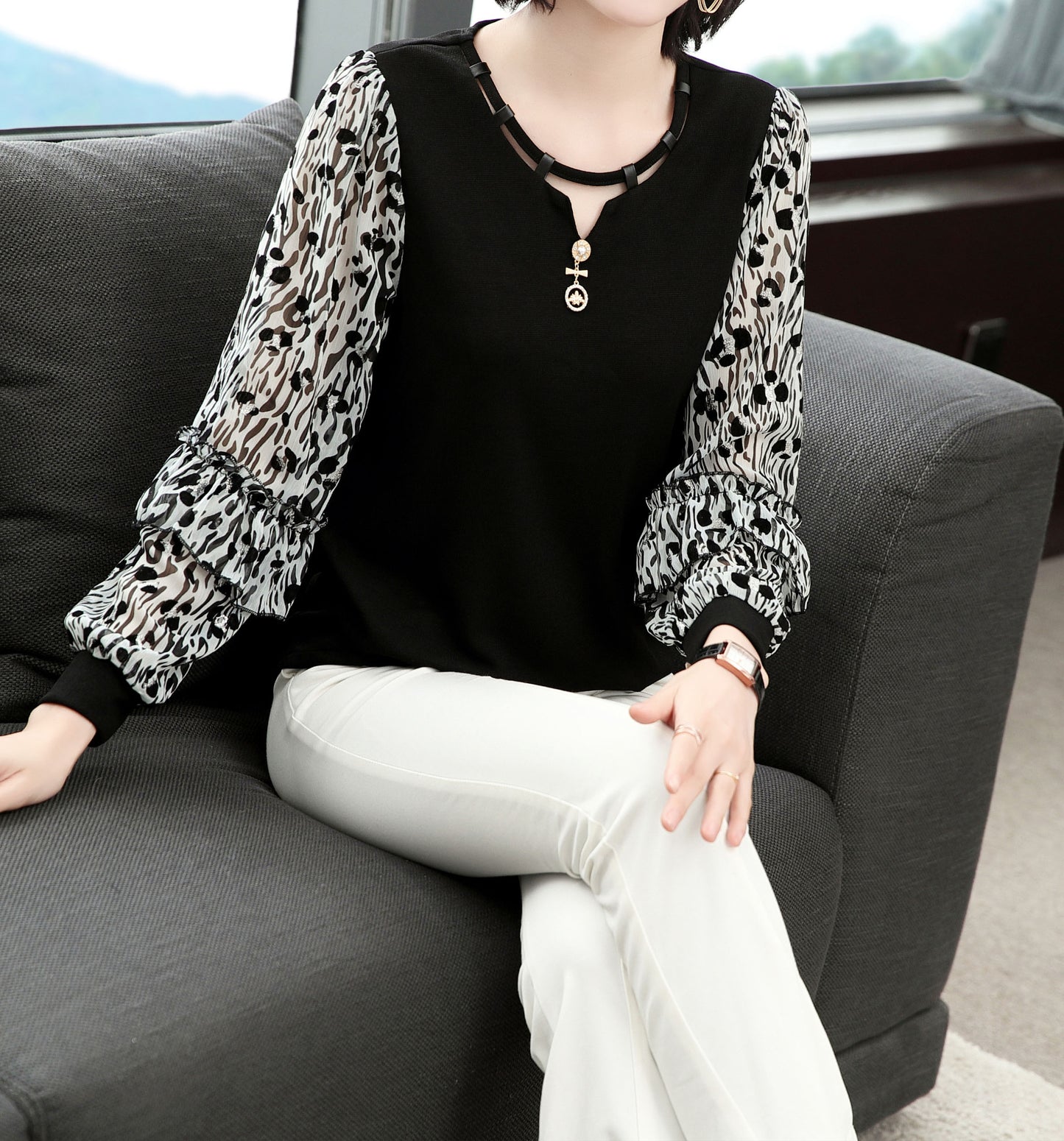 Round Neck Long Sleeve Patchwork Print Blouse