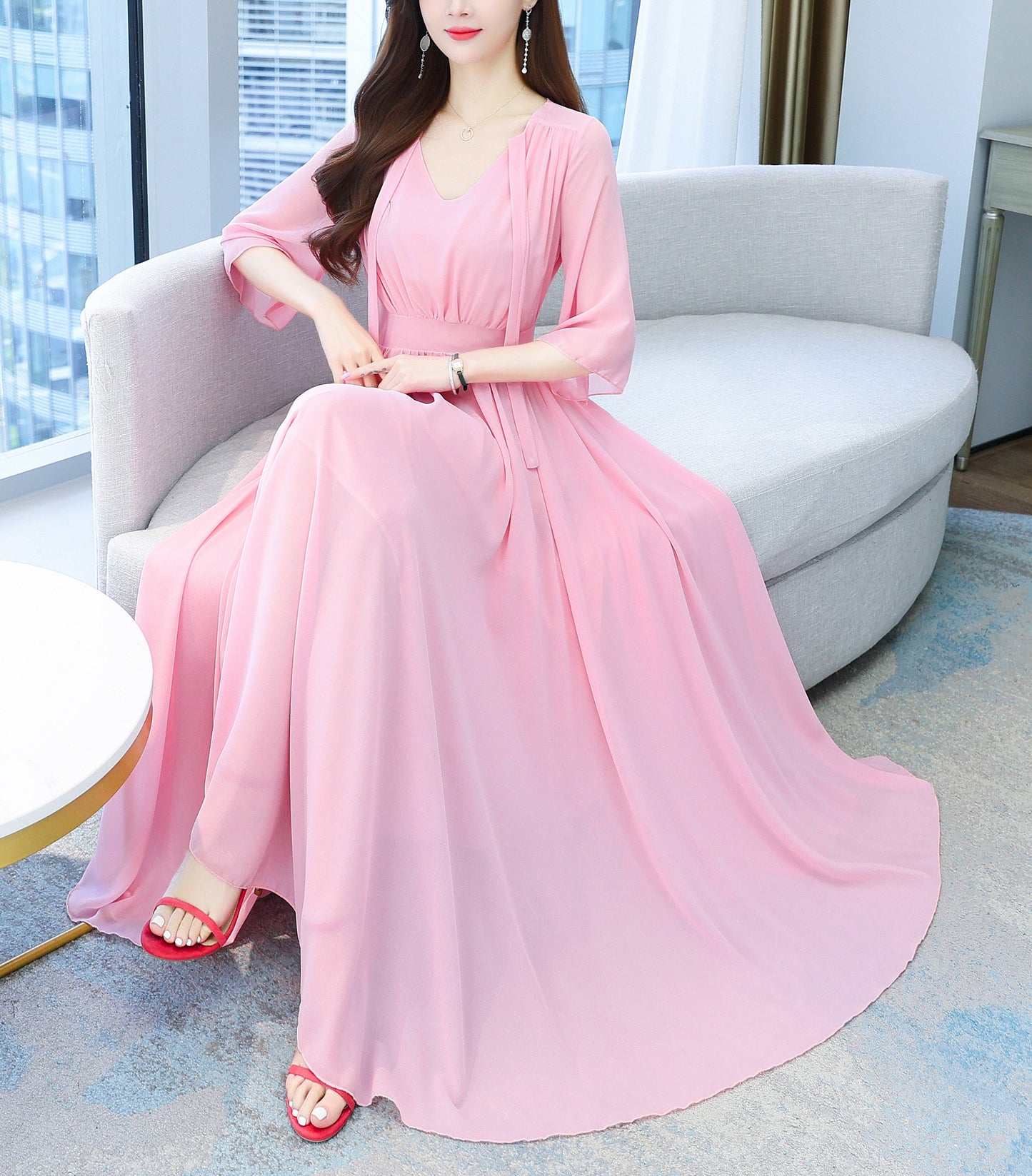 Classic Solid Color V-Neck with Bow Tie Elegant Maxi Dress