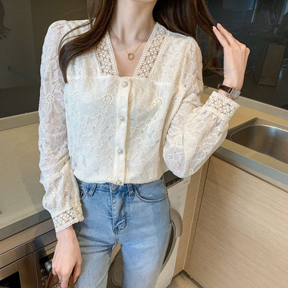 White Solid Floral Lace v-neck Long Sleeve Button-Front Blouse