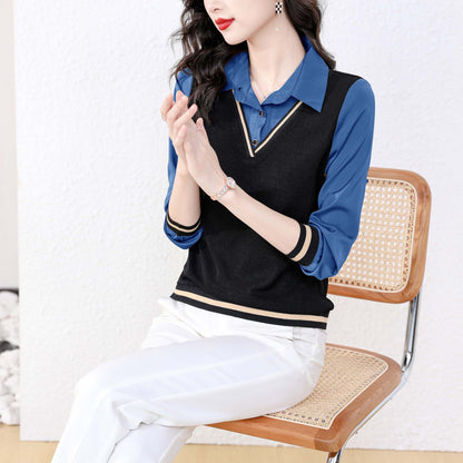 Blue Patchwork Collared Neck Solid Long Sleeve Button up Blouse