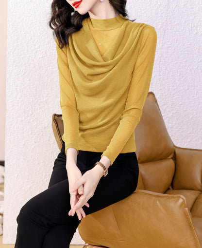 Yellow High Neck Long Sleeve Solid Blouse