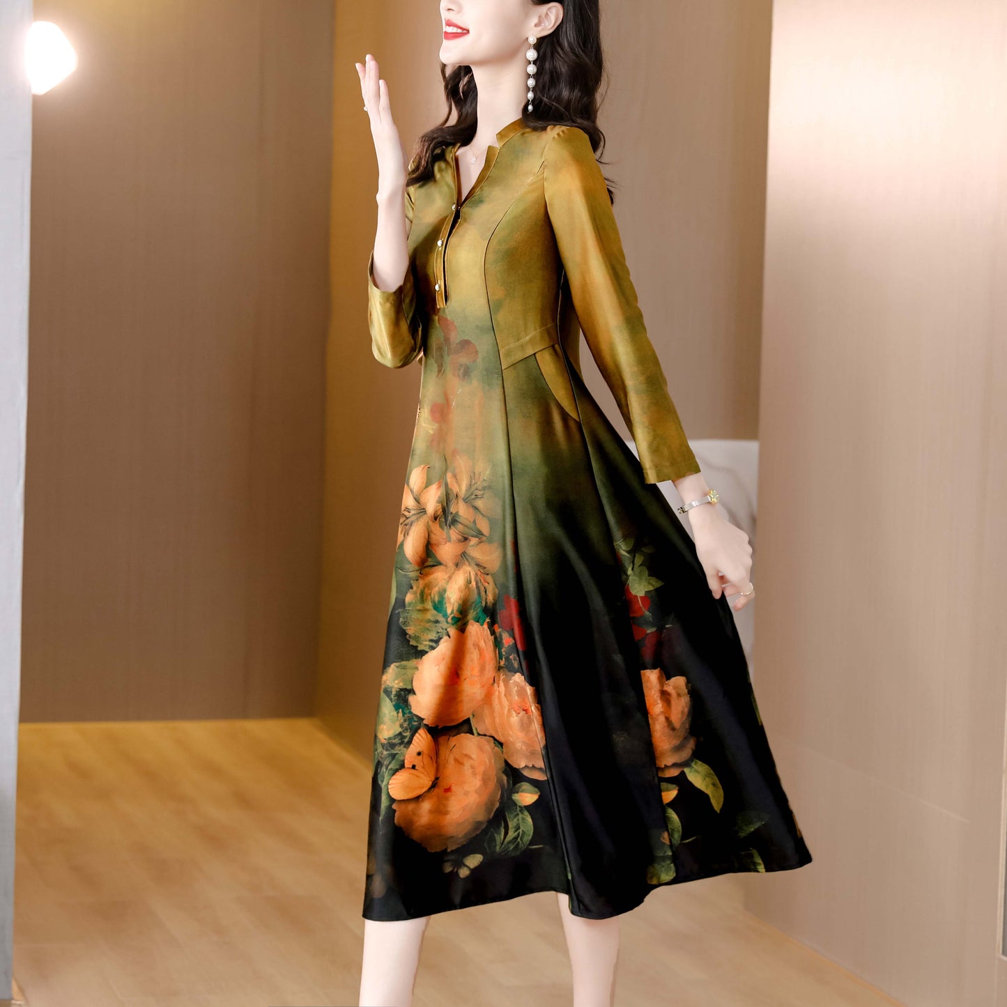 V Neck Long Sleeves Floral Print with Pocket Midi Dress
