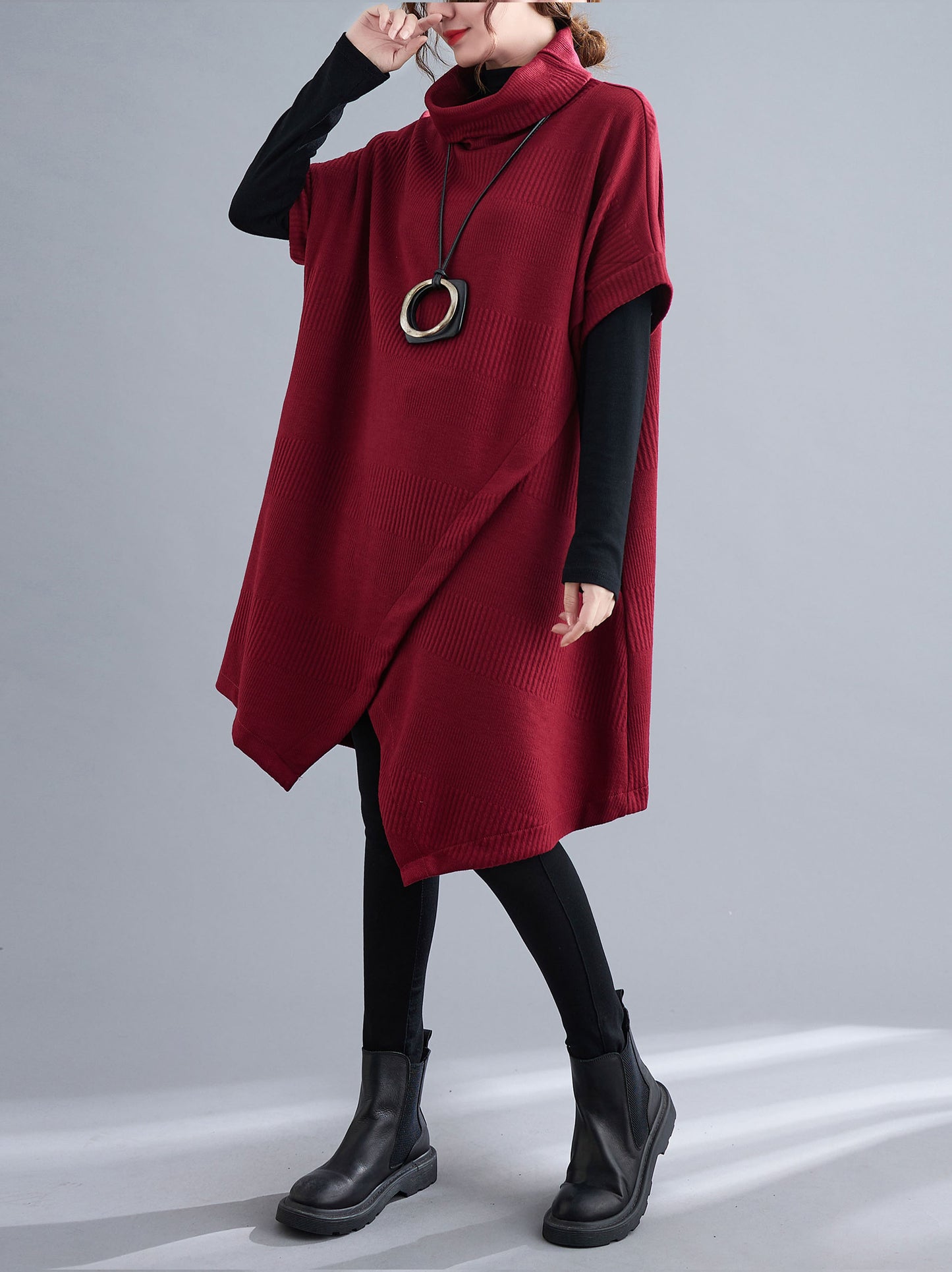 Red Loose fit  High Neck Knit Dress