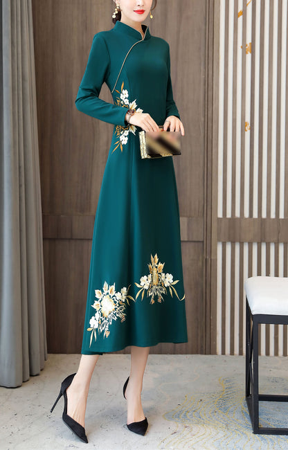 High Neck A Line Long Sleeves Embroidery Midi Dress