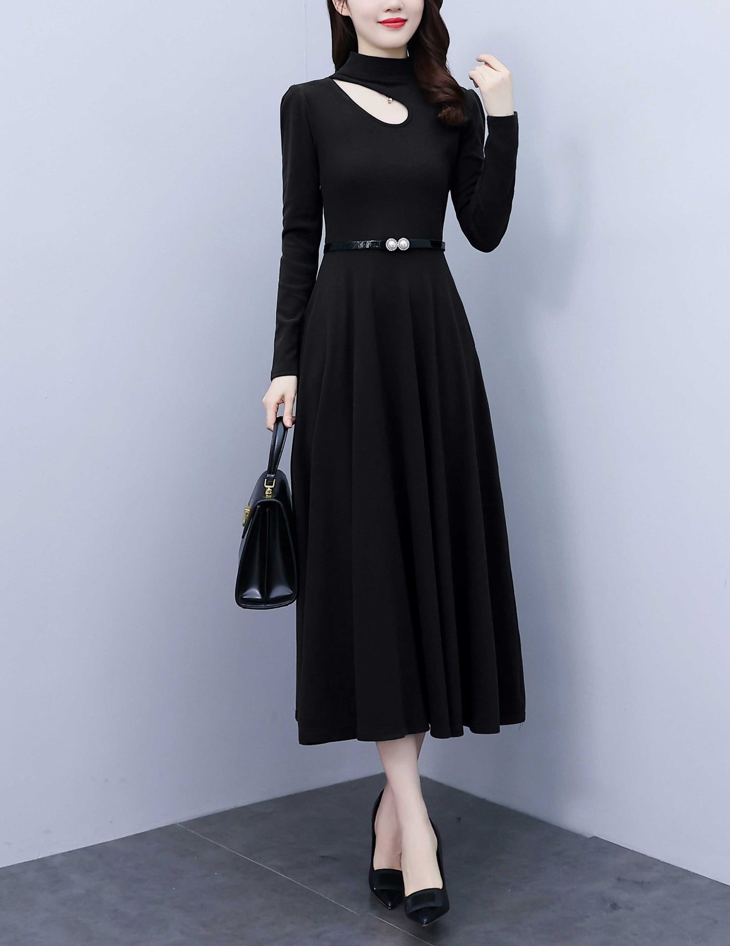 Black Tunic Elasity Solid Long sleeves High Neck Midi Dress