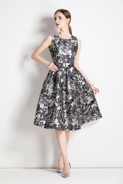 Black Retro Elegant Sleeveless Floral Jacquard Cocktail Dress