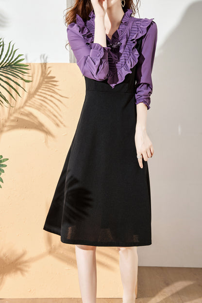 Black V-Neck Patchwork Long Sleeve Solid Dress