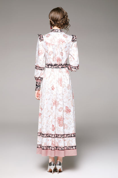 White Floral Print Maxi Dress Flowy Casual Button Up Long Dress