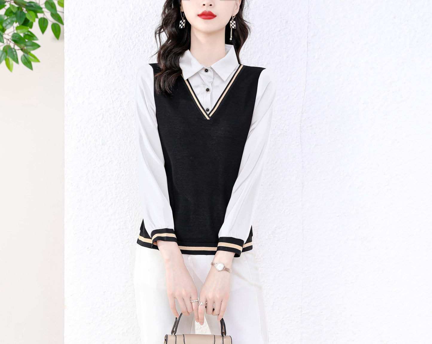 White Patchwork Collared Neck Solid Long Sleeve Button up Blouse