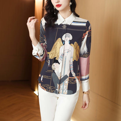 Print Collared Long Sleeve Shirt Button up Blouse