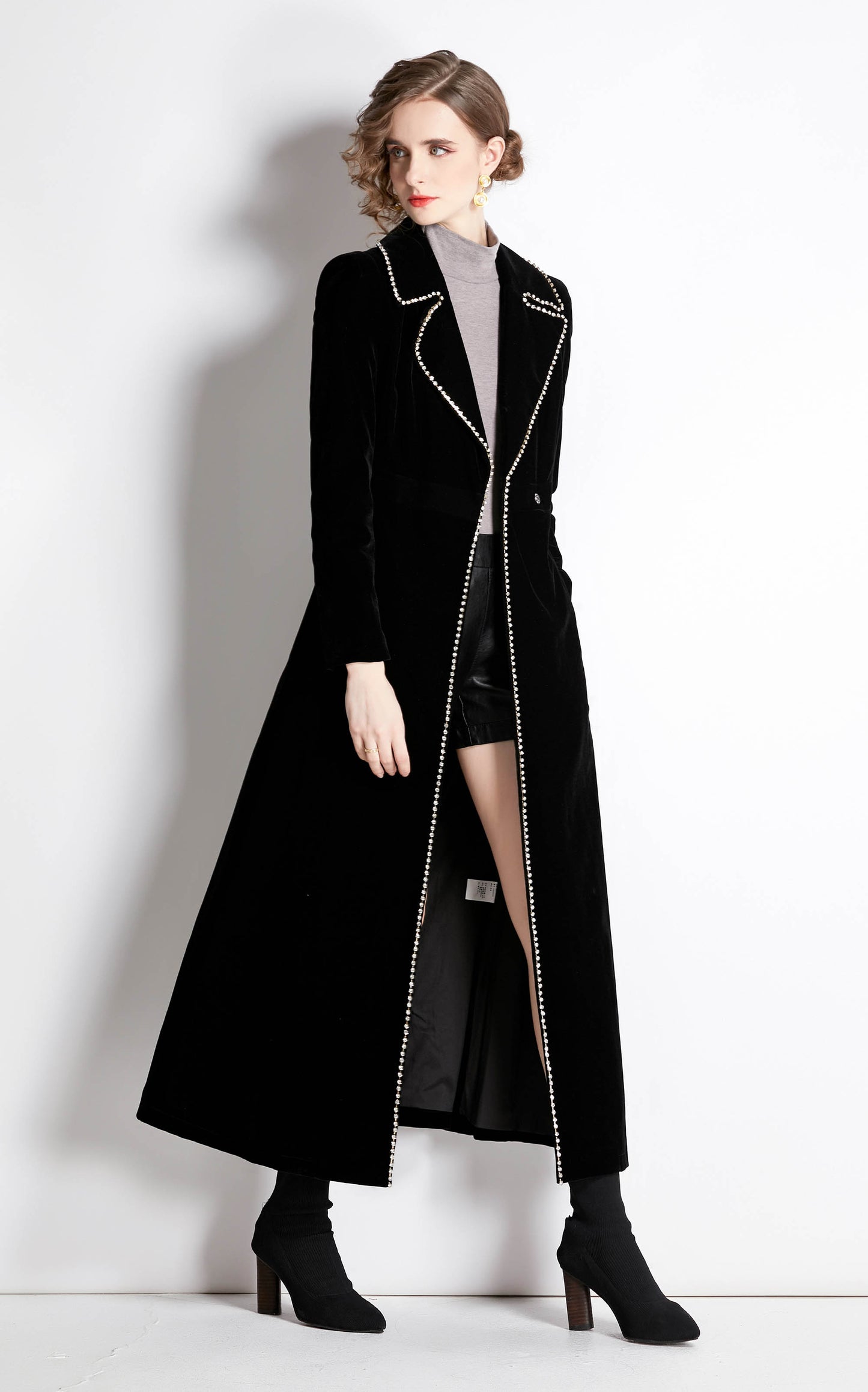 Velvet Notched Lapel Maxi-Length Trench Coat with Pocket