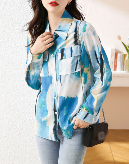 Blue Collared neckline Long Sleeves Abstract Floral Print Blouse