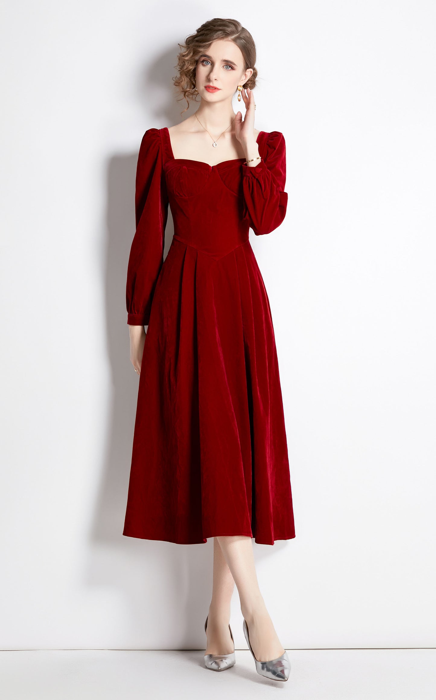 Velvet Square Neck A Line Midi Red Drees