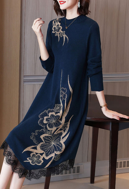 Round Neck Long Sleeves Floral Print Midi Dress