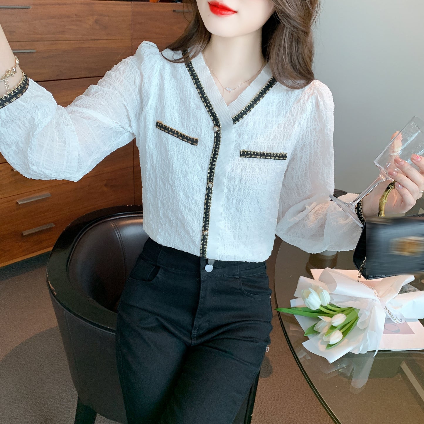 White Solid Long Sleeve Button-Front Blouse