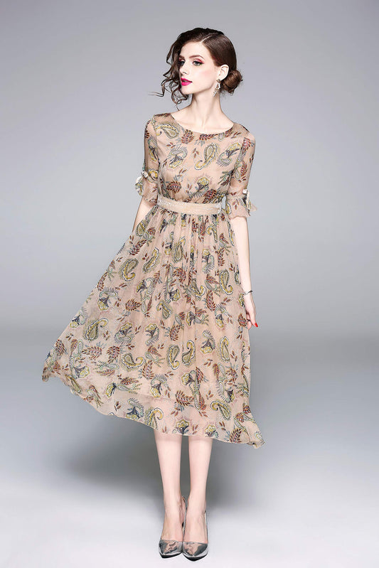 Women's Summer Round Neck Floral Print Dress Casual A-line and Flare Dress
