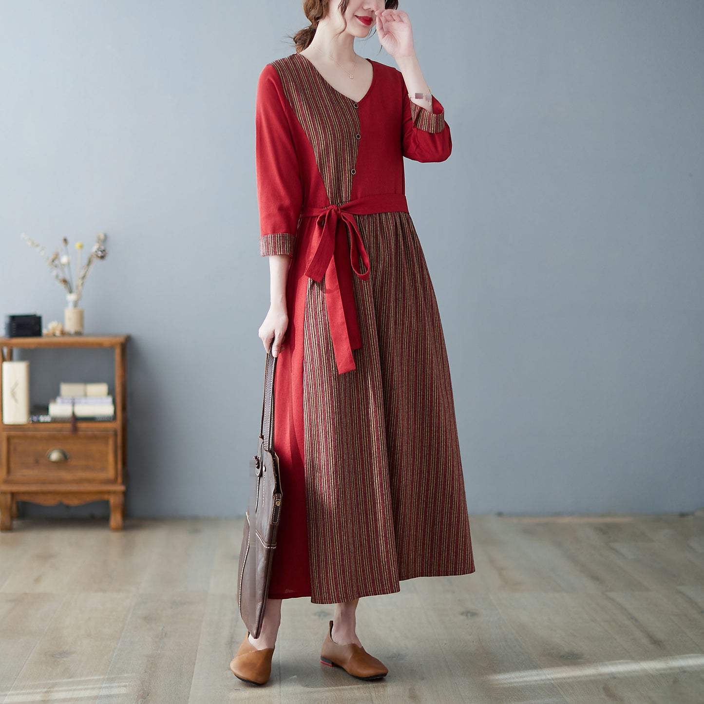 V Neck Long Sleeves Tie Patchwork Solid Midi Dress