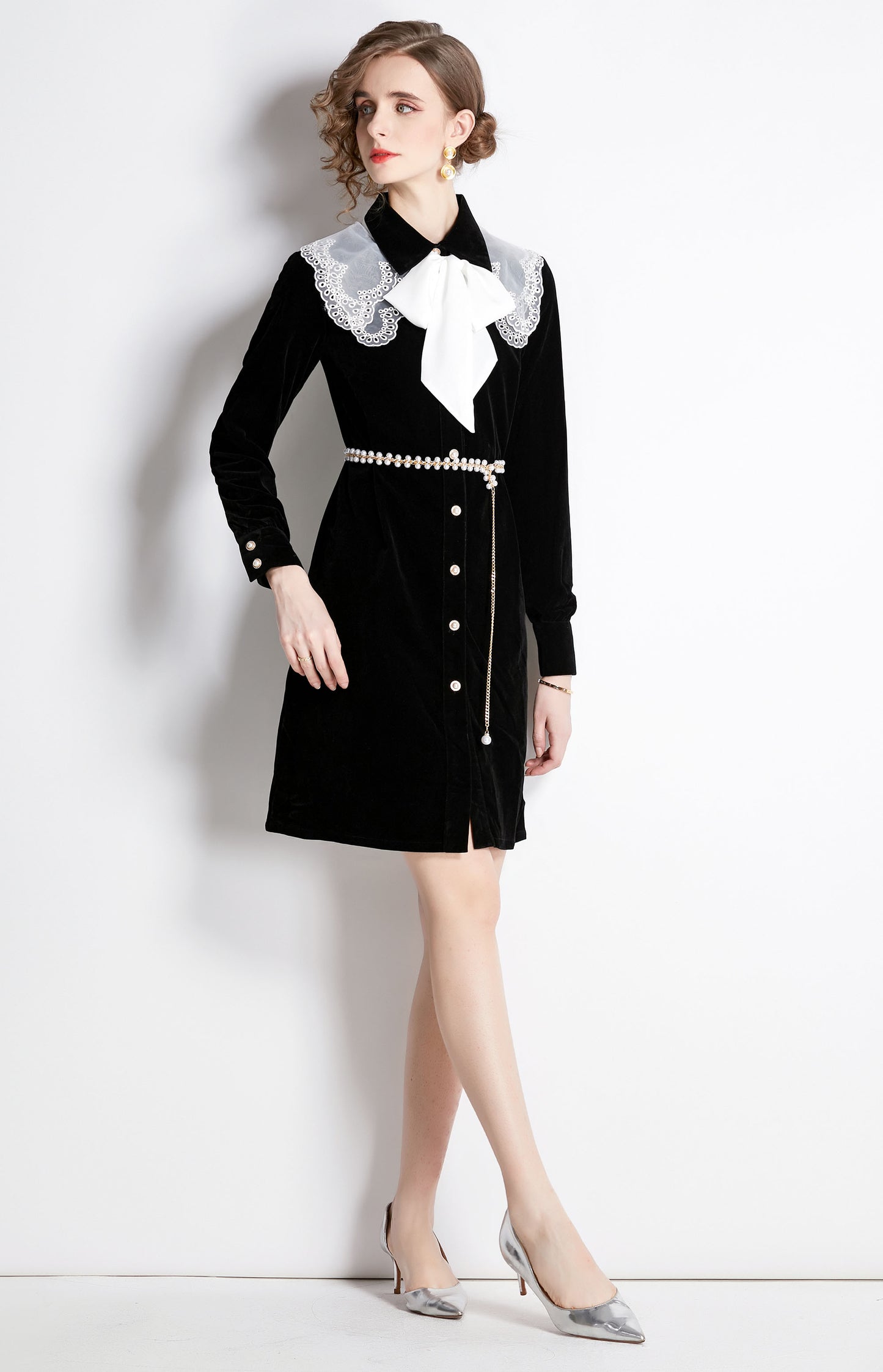 Velvet Long Sleeves Button Up Mini Dress Coat