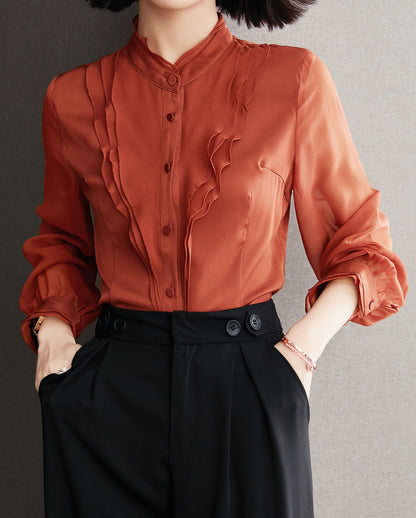 Collared Ruffle Long Sleeve Solid Blouse