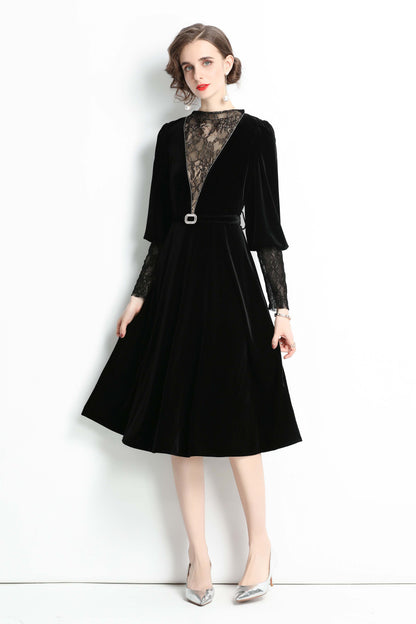 Black Velvet Lace Solid Long sleeves Crew Neck Midi Dress