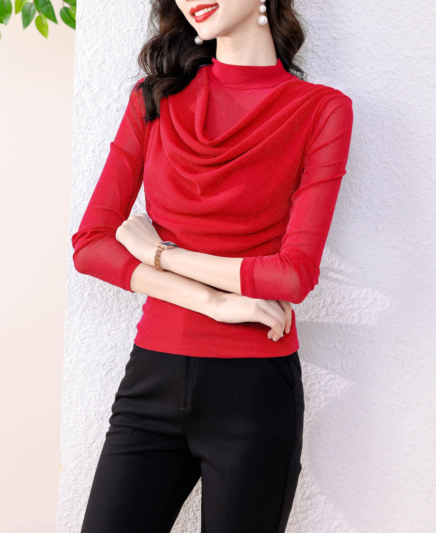 Red High Neck Long Sleeve Solid Blouse