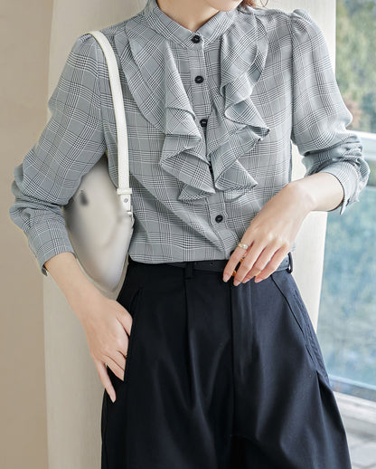 Collared Ruffle Long Sleeve Solid  Blouse