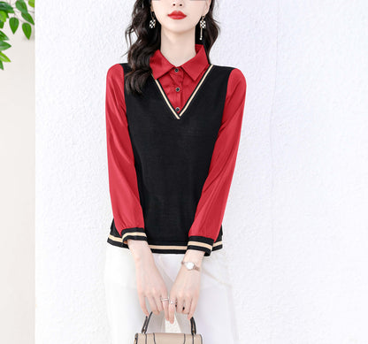 Red Patchwork Collared Neck Solid Long Sleeve Button up Blouse