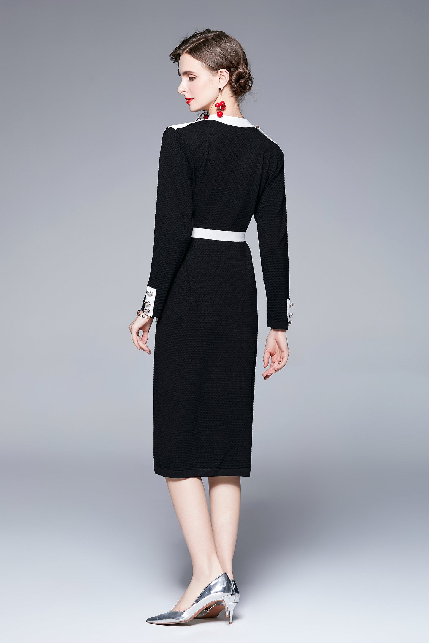 V-neck Front Button and Belt Knitted Dress - LAI MENG FIVE CATS