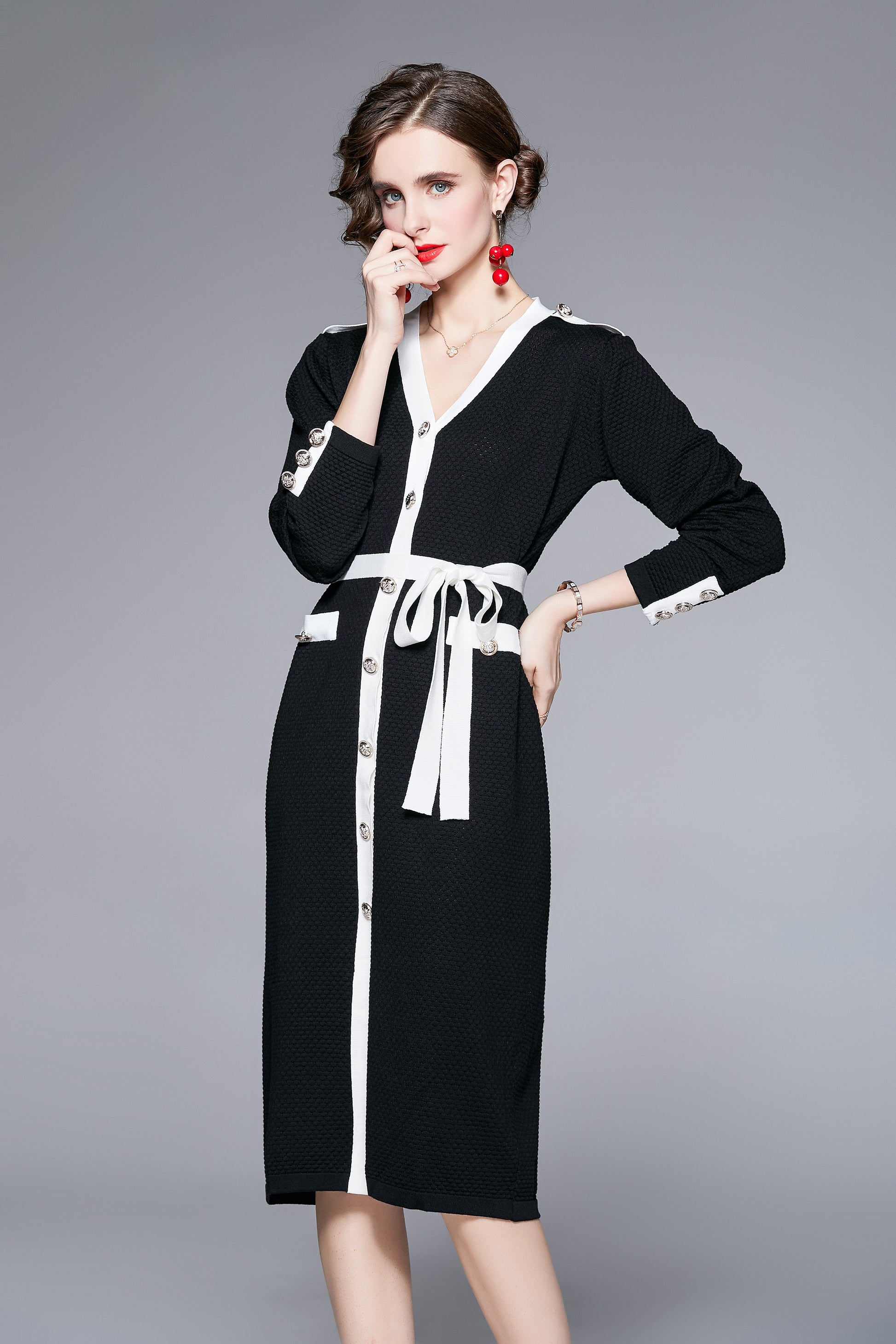 V-neck Front Button and Belt Knitted Dress - LAI MENG FIVE CATS
