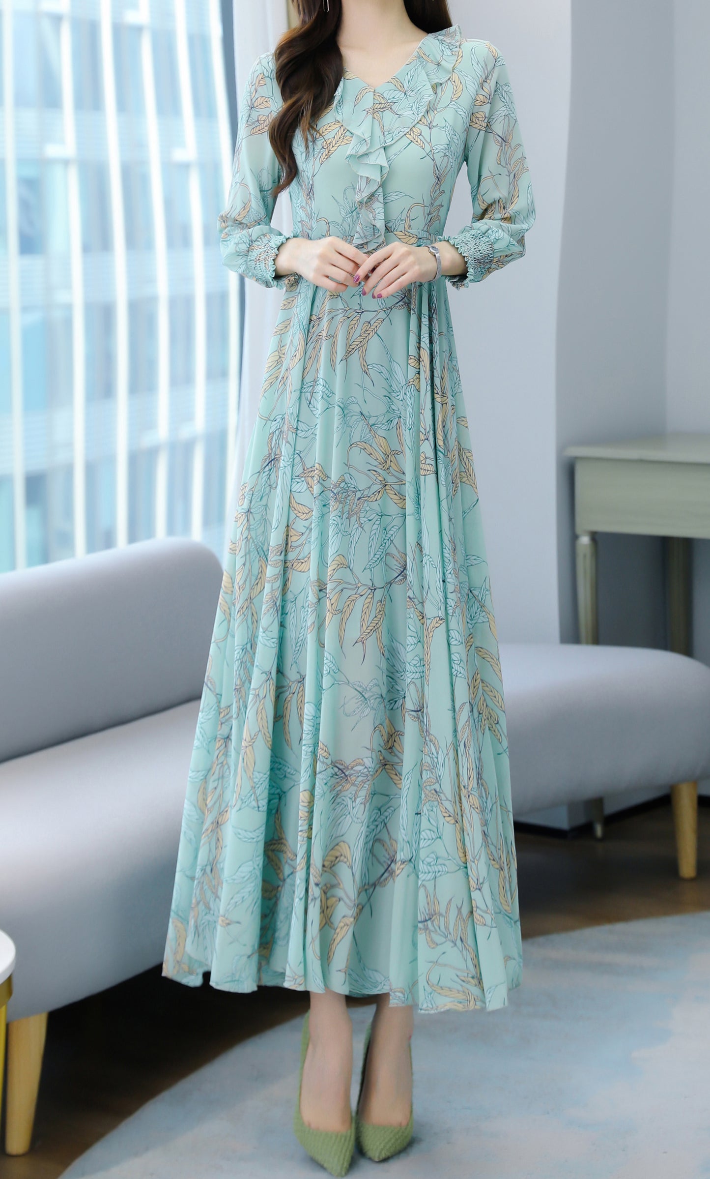 Floral Print Casual Long Sleeve V neck Elegant Maxi Dress - LAI MENG FIVE CATS