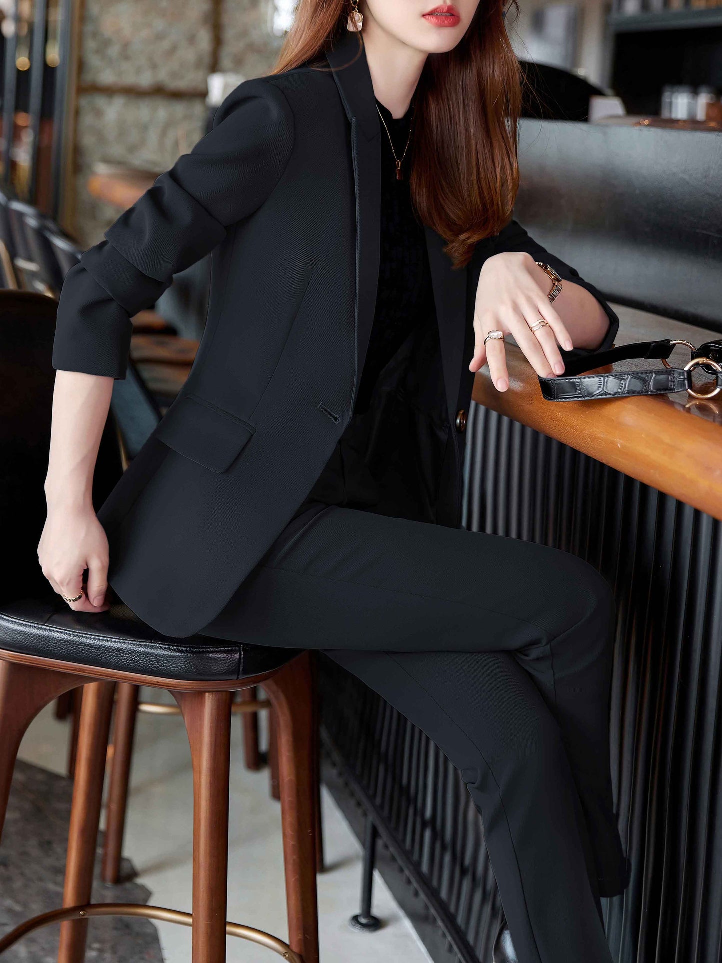 Black Button Long Sleeves Solid Blazer