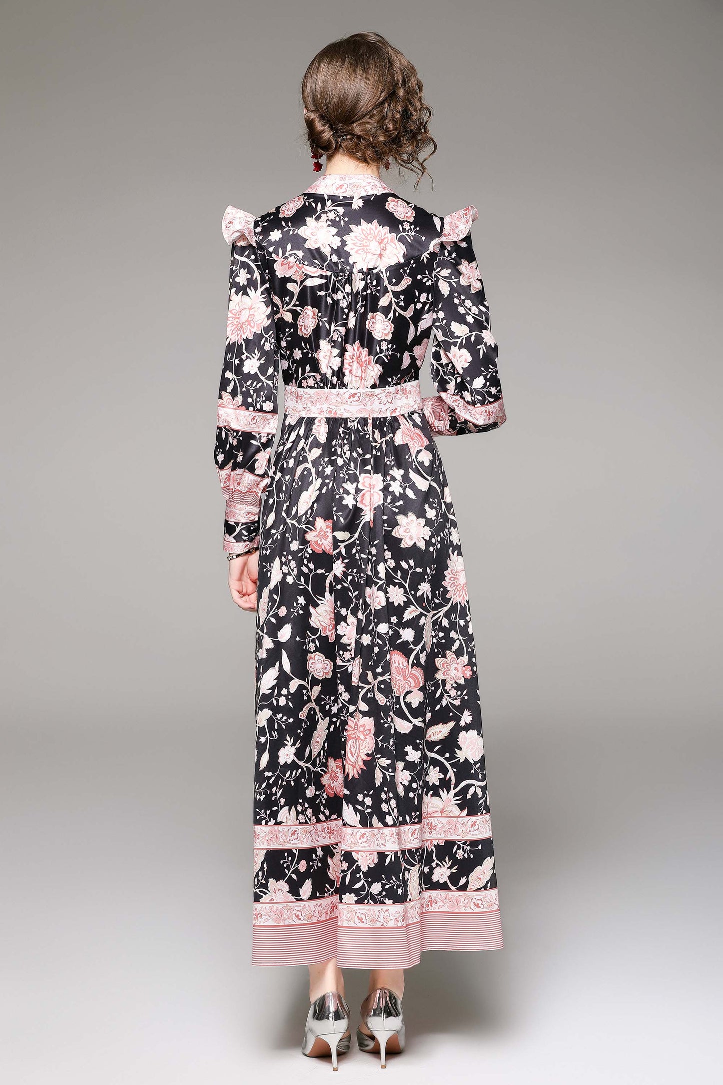 Black Floral Print Maxi Dress Flowy Casual Button Up Long Dress