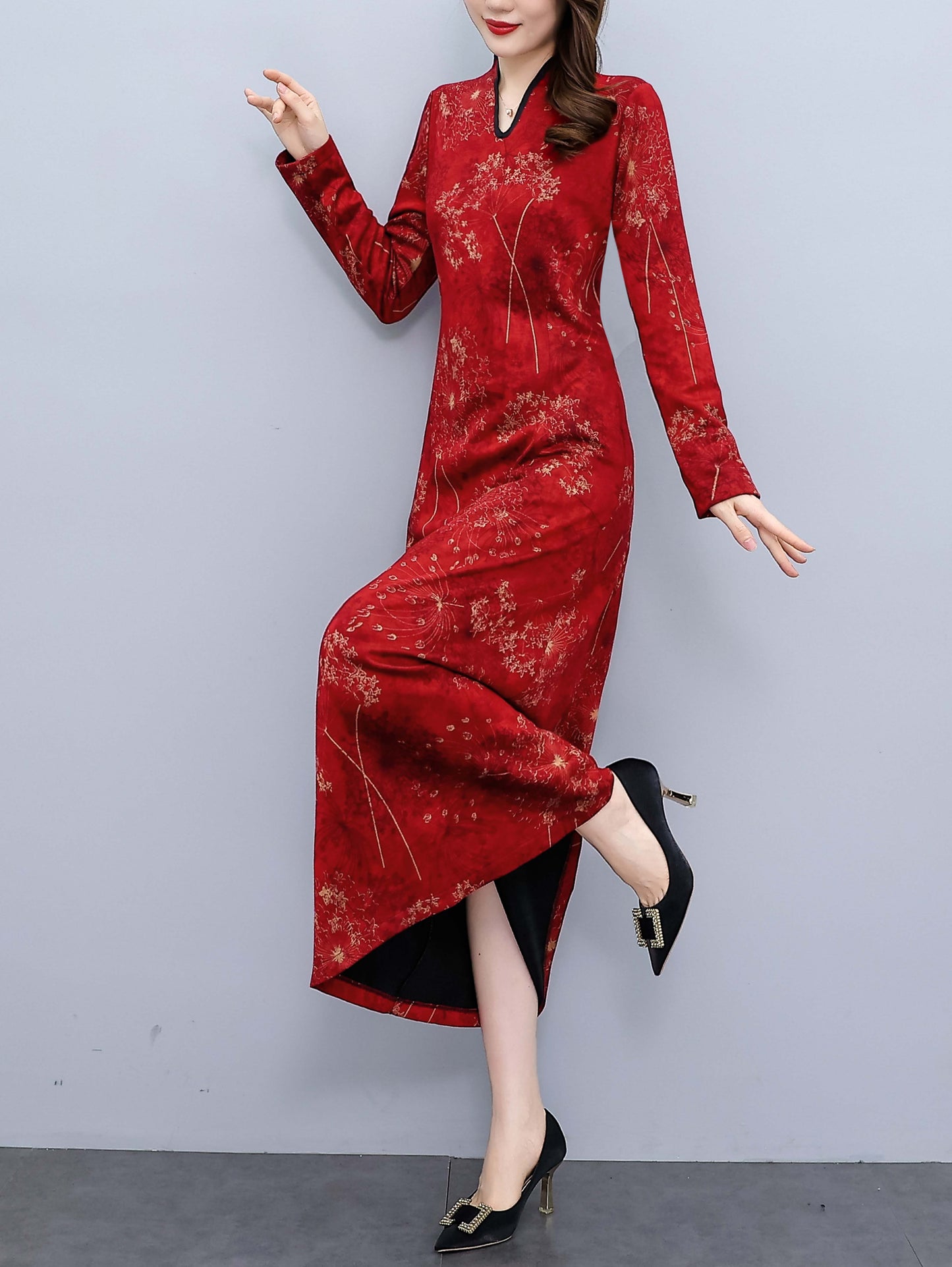 Red V Neck Long Sleeves Floral Print with Pocket Maxi Dress