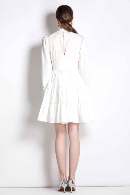 White High Neck Long Flare Sleeves Solid Mini Dress